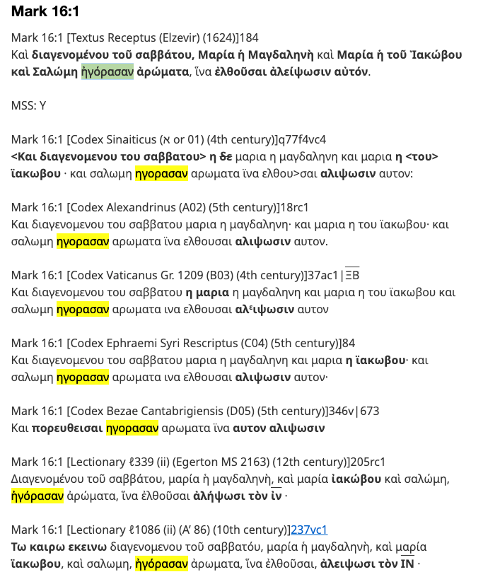 Mark 16:1 all Greek variants